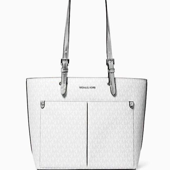 New Michael Kors Jet Set Travel Medium Double Pocket Logo Tote Optic White - Picture 1 of 3